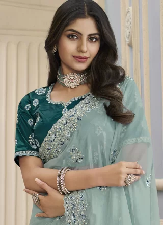 Classical Aqua Blue Organza Traditional Saree