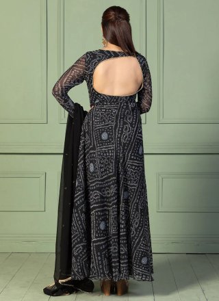 Classical Black Georgette Gown with Patch Border, Foil Print, Lace and Pearls Work