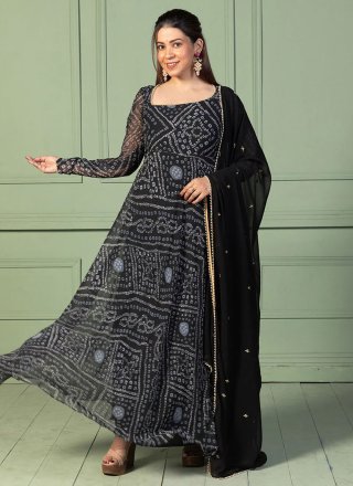 Classical Black Georgette Gown with Patch Border, Foil Print, Lace and Pearls Work