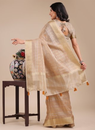 Classical Cream Organza Trendy Saree with Checks and Jacquard Work