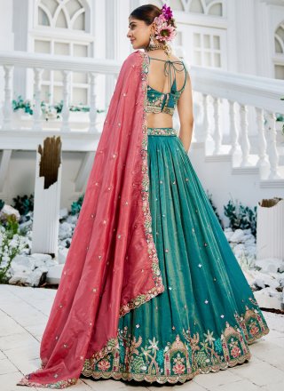 Classical Firozi Satin A - Line Lehenga Choli with Embroidered, Fancy, Sequins and Zari Work