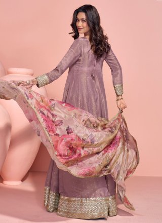 Classical Purple Organza Floor Length Salwar Suit with Embroidered, Jacquard and Zari Work
