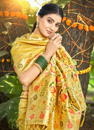 Classical Yellow Silk Contemporary Sari with Meena Work