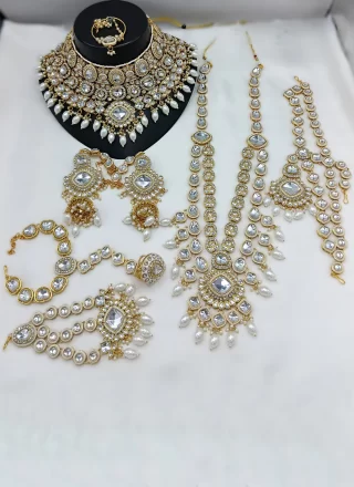 Classy White Beads and Stone Work Necklace Set