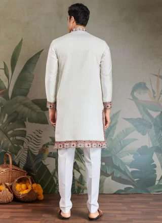 Classy White Silk Kurta Mens Wear with Embroidered, Sequins and Thread Work