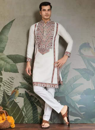 Classy White Silk Kurta Mens Wear with Embroidered, Sequins and Thread Work