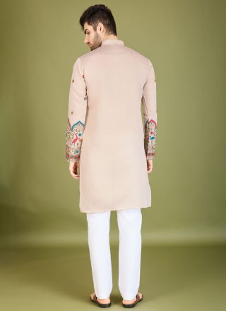 Conspicuous Beige Silk Kurta Mens Wear with Embroidered, Sequins and Zari Work