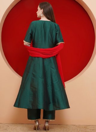 Conspicuous Green Tafeta Silk Anarkali Suit