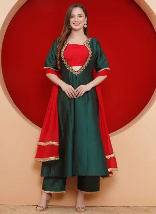 Conspicuous Green Tafeta Silk Anarkali Suit