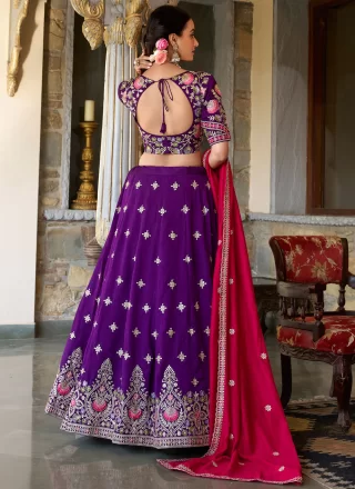 Conspicuous Purple Vichitra Silk Lehenga Choli with Embroidered, Sequins, Thread and Zari Work