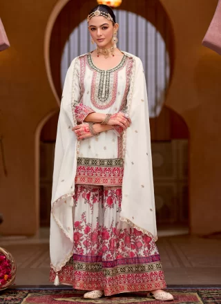 Conspicuous White Chinon Salwar Suit