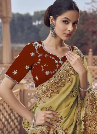 Cord, Cut, Embroidered, Hand and Zari Work Organza Traditional Saree In Yellow