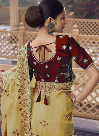 Cord, Cut, Embroidered, Hand and Zari Work Organza Traditional Saree In Yellow