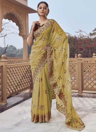 Cord, Cut, Embroidered, Hand and Zari Work Organza Traditional Saree In Yellow