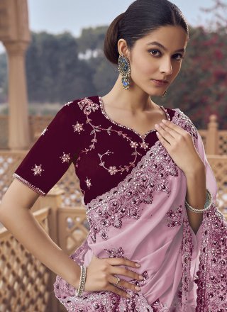 Cord, Cut, Embroidered, Hand and Zari Work Organza Trendy Saree In Pink and Purple for Party