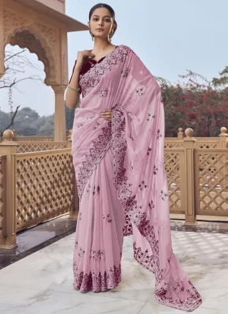 Cord, Cut, Embroidered, Hand and Zari Work Organza Trendy Saree In Pink and Purple for Party