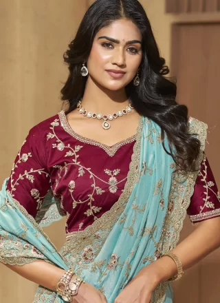 Cord, Diamond and Thread Work Georgette Classic Sari In Aqua Blue