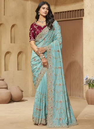Cord, Diamond and Thread Work Georgette Classic Sari In Aqua Blue