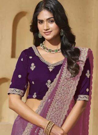 Cord, Diamond, Embroidered and Thread Work Silk Trendy Saree In Purple