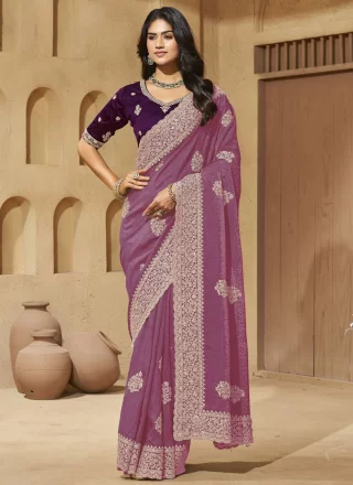 Cord, Diamond, Embroidered and Thread Work Silk Trendy Saree In Purple