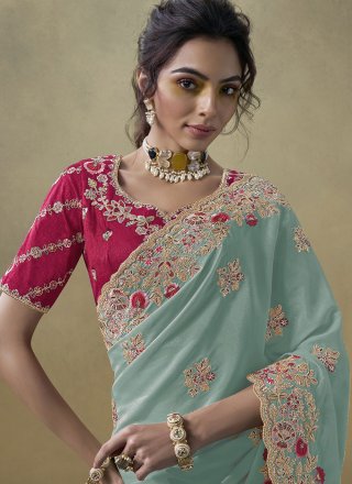Cord, Diamond, Embroidered, Thread and Zari Work Georgette Classic Sari In Aqua Blue Color