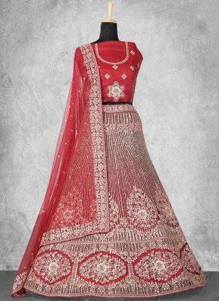 Cord, Embroidered and Sequins Work Velvet A - Line Lehenga Choli In Red for Engagement
