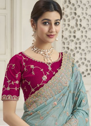 Cord, Embroidered, Hand, Thread, Zari and Zircon Work Georgette Classic Saree In Sea Green Colour