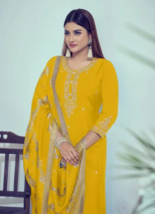 Cord, Embroidered, Mirror and Woven Work Silk Palazzo Salwar Suit In Yellow