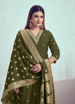 Cord, Embroidered, Mirror and Woven Work Silk Salwar Suit In Green