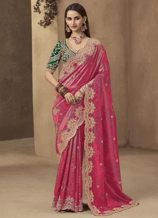 Cord, Embroidered, Sequins and Thread Work Silk Classic Sari In Red