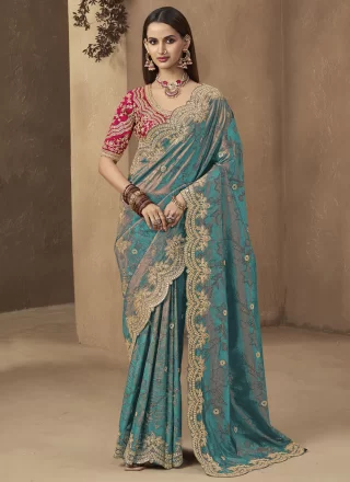 Cord, Embroidered, Sequins and Thread Work Silk Trendy Saree In Rama