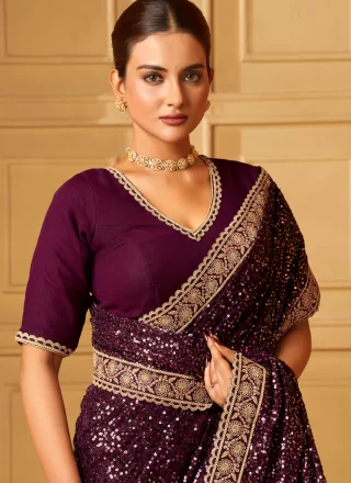Cord, Embroidered, Sequins, Thread and Zari Work Georgette Classic Saree In Purple for Ceremonial