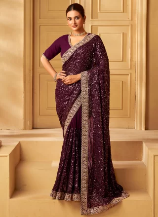 Cord, Embroidered, Sequins, Thread and Zari Work Georgette Classic Saree In Purple for Ceremonial