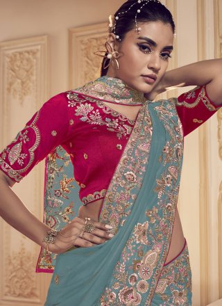 Cord, Hand, Sequins, Thread and Zari Work Georgette Traditional Saree In Grey and Rama