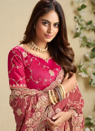 Cord, Stone, Thread and Zari Work Fandy Classic Sari In Pink and Rust
