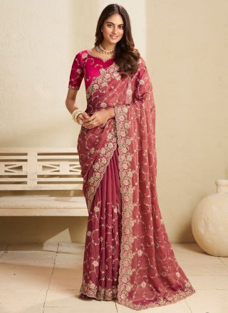 Cord, Stone, Thread and Zari Work Fandy Classic Sari In Pink and Rust