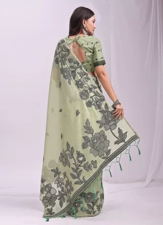Cotton Casual Saree In Green Color