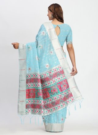 Cotton Classic Saree In Aqua Blue Color
