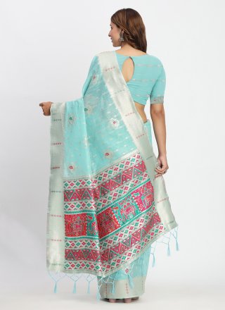 Cotton Classic Saree In Aqua Blue Color