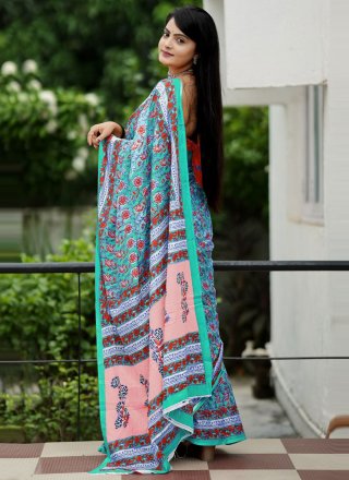 Cotton Classic Sari In Firozi Color