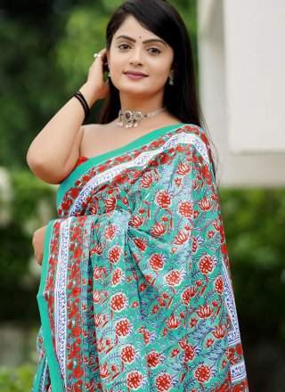 Cotton Classic Sari In Firozi Color