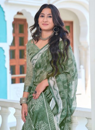Cotton Classic Sari In Green Color