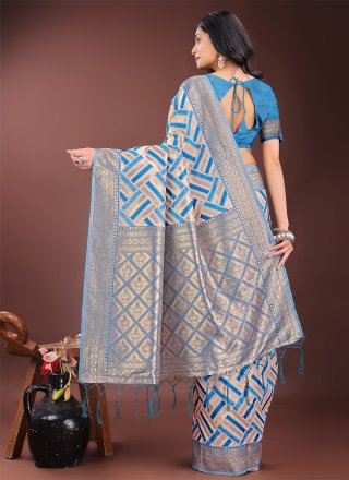Cotton Contemporary Saree In Aqua Blue Color