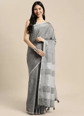 Cotton Contemporary Sari In Grey Color