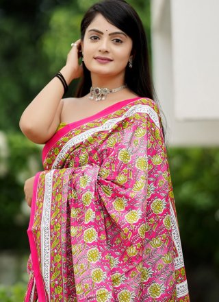 Cotton Designer Saree In Hot Pink Color
