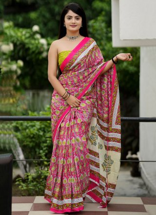 Cotton Designer Saree In Hot Pink Color