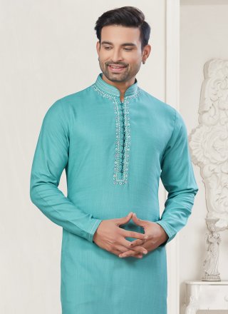 Cotton Kurta Pyjama In Aqua Blue Color
