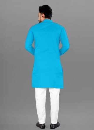 Cotton Kurta Pyjama In Aqua Blue Color