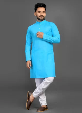 Cotton Kurta Pyjama In Aqua Blue Color