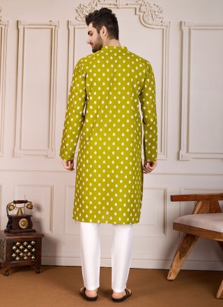 Cotton Kurta Pyjama In Green Color